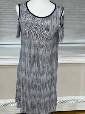 Elle Black and White Striped Cold-Shoulder Midi Dress